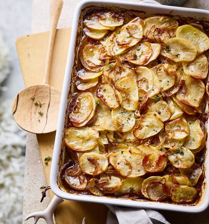 French onion potatoes boulangère recipe | Sainsbury`s Magazine