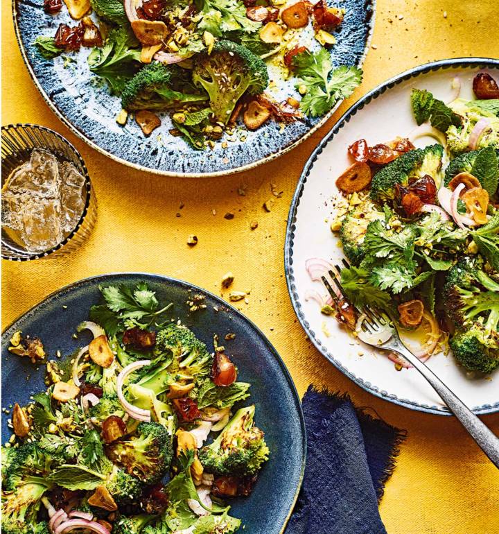 Warm broccoli and date salad with pistachio topping