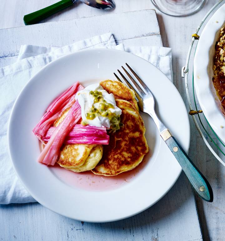 Ricotta pancakes with roasted rhubarb and passion fruit